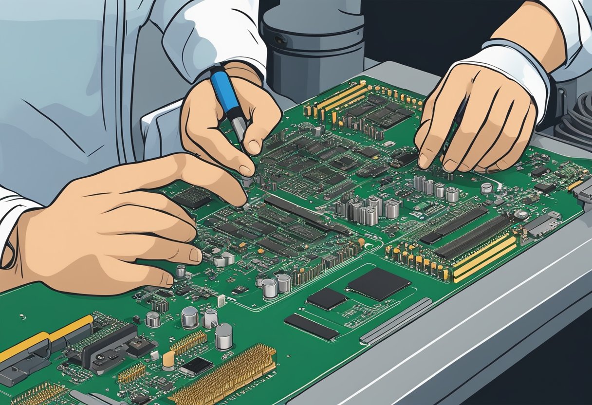 A technician carefully places components onto a printed circuit board at a Los Angeles PCB assembly service