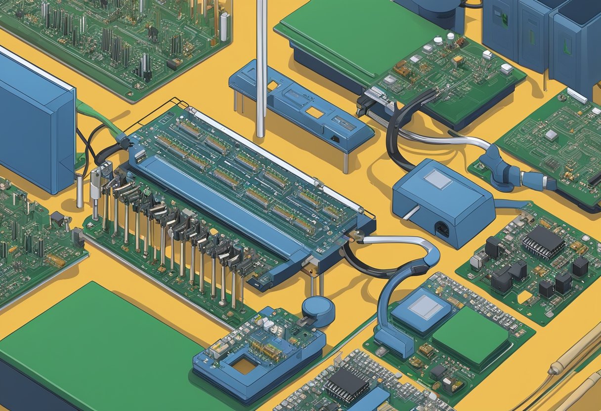 An assembly line with PCB components being placed and soldered onto a circuit board