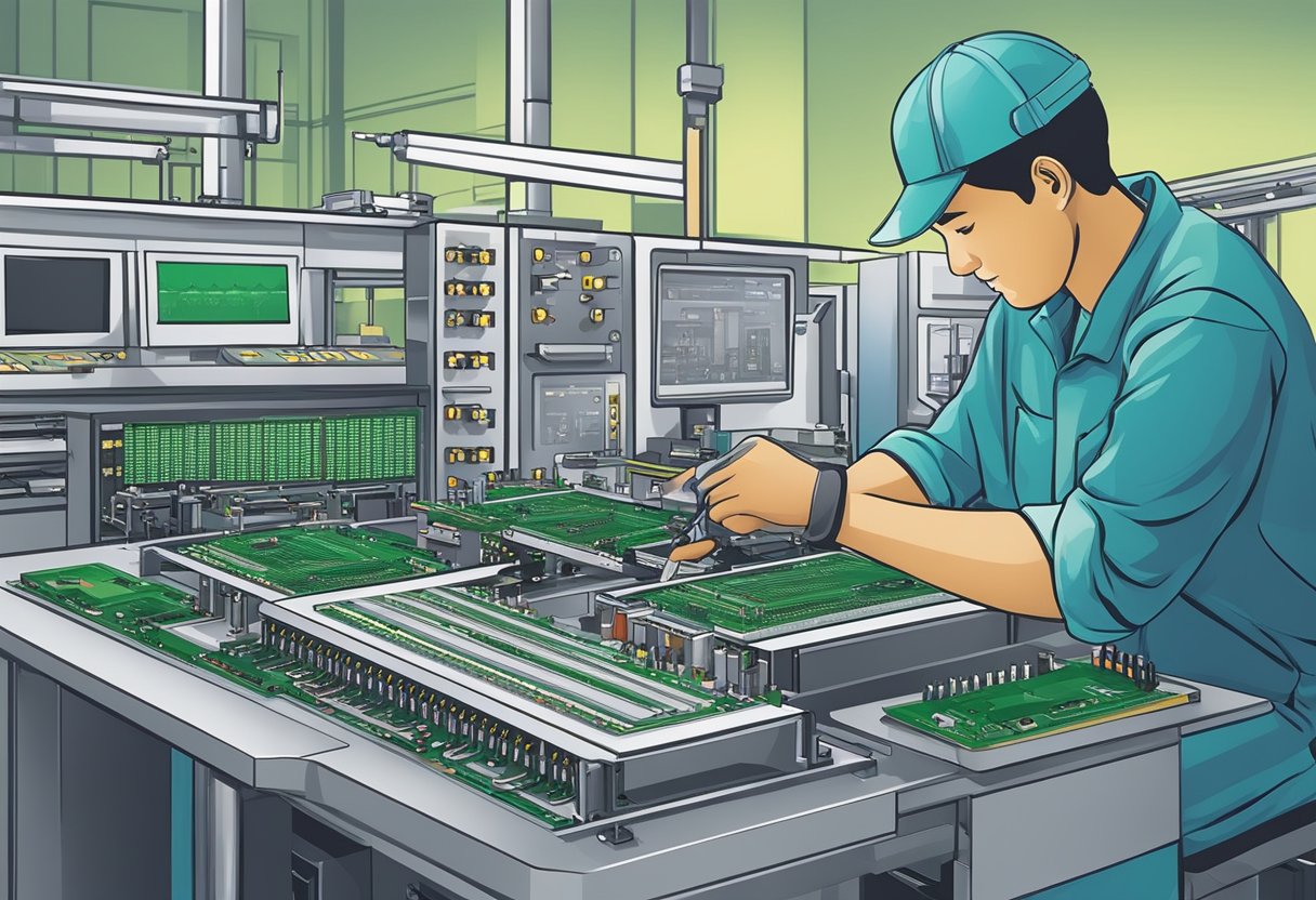PCB assembly operator placing components on circuit board