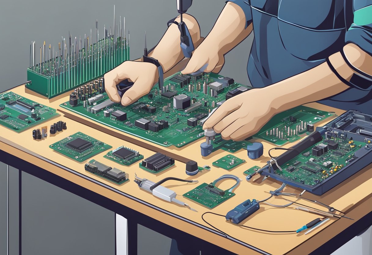 A technician assembles PCB components with precision tools on a workbench