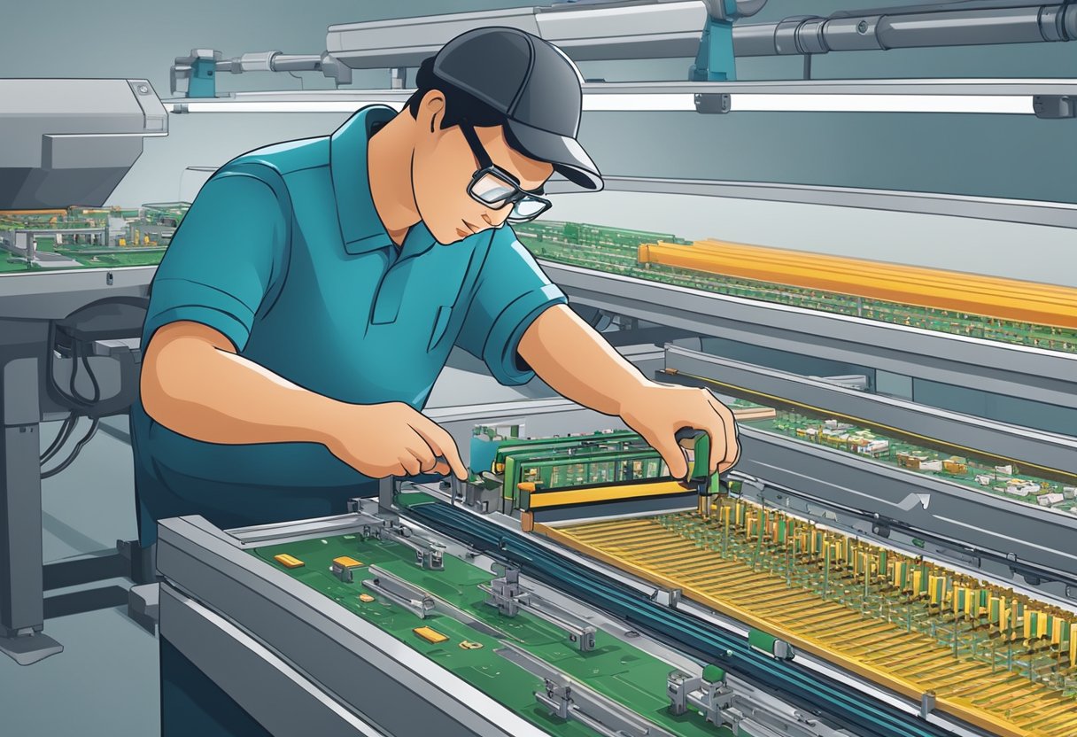 A technician assembles PCB components on a conveyor belt in a well-lit, organized factory setting