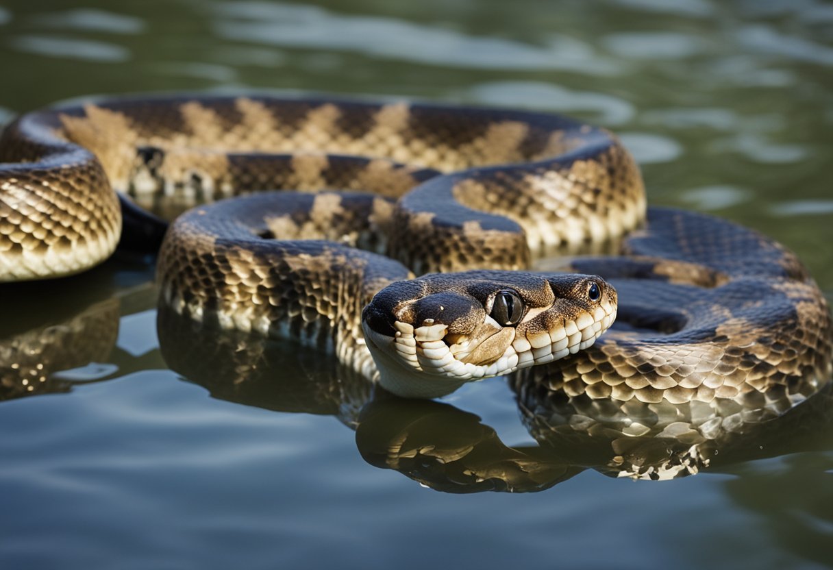 A rattlesnake swims gracefully through the water, its scales glistening in the sunlight as it navigates the currents with ease