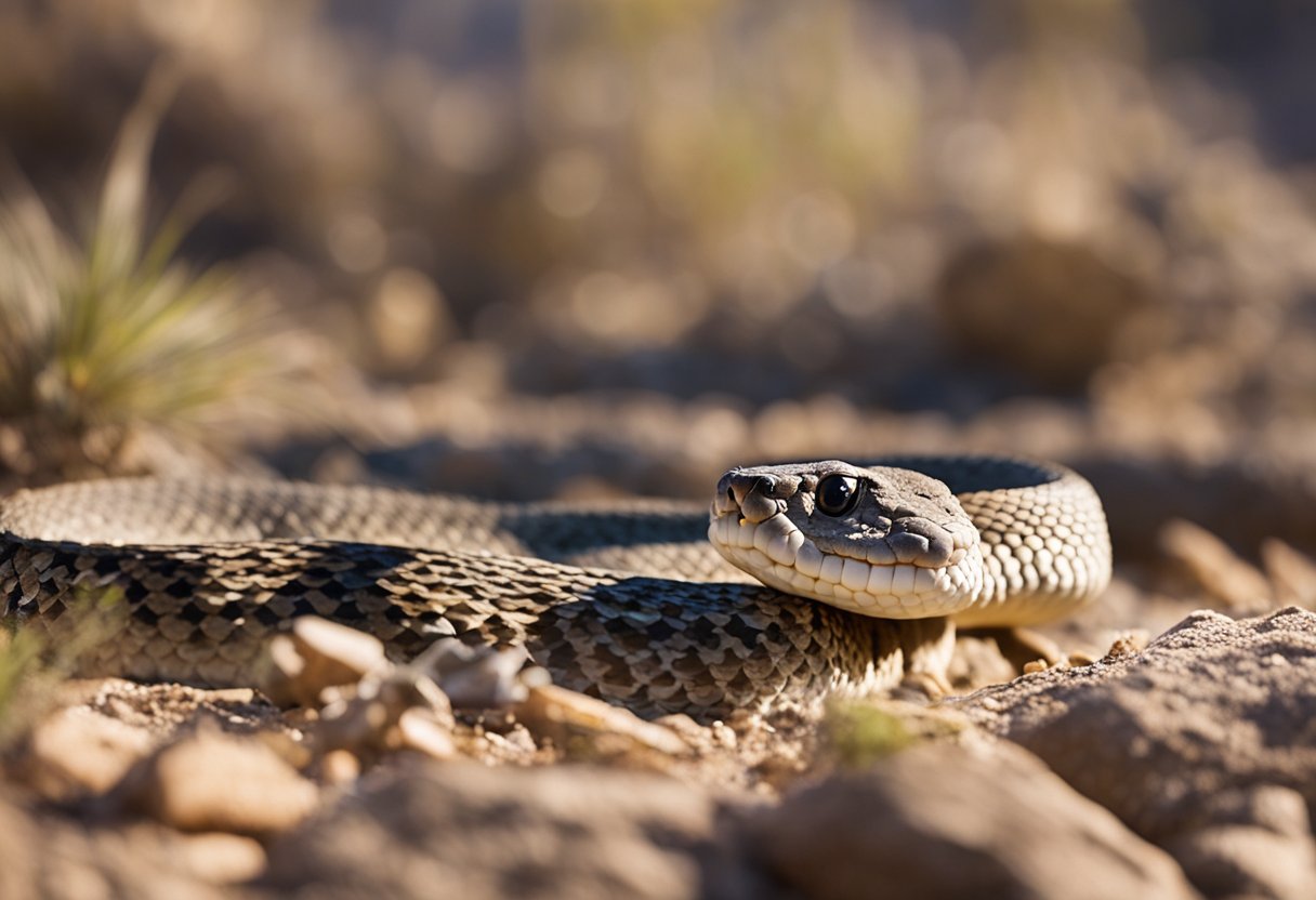 Rattlesnake slithers through rocky desert habitat, encounters water, and swims gracefully