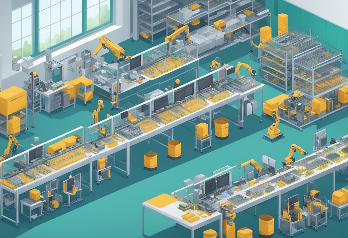 A busy PCB assembly depot with conveyor belts, robotic arms, and electronic components being sorted and assembled