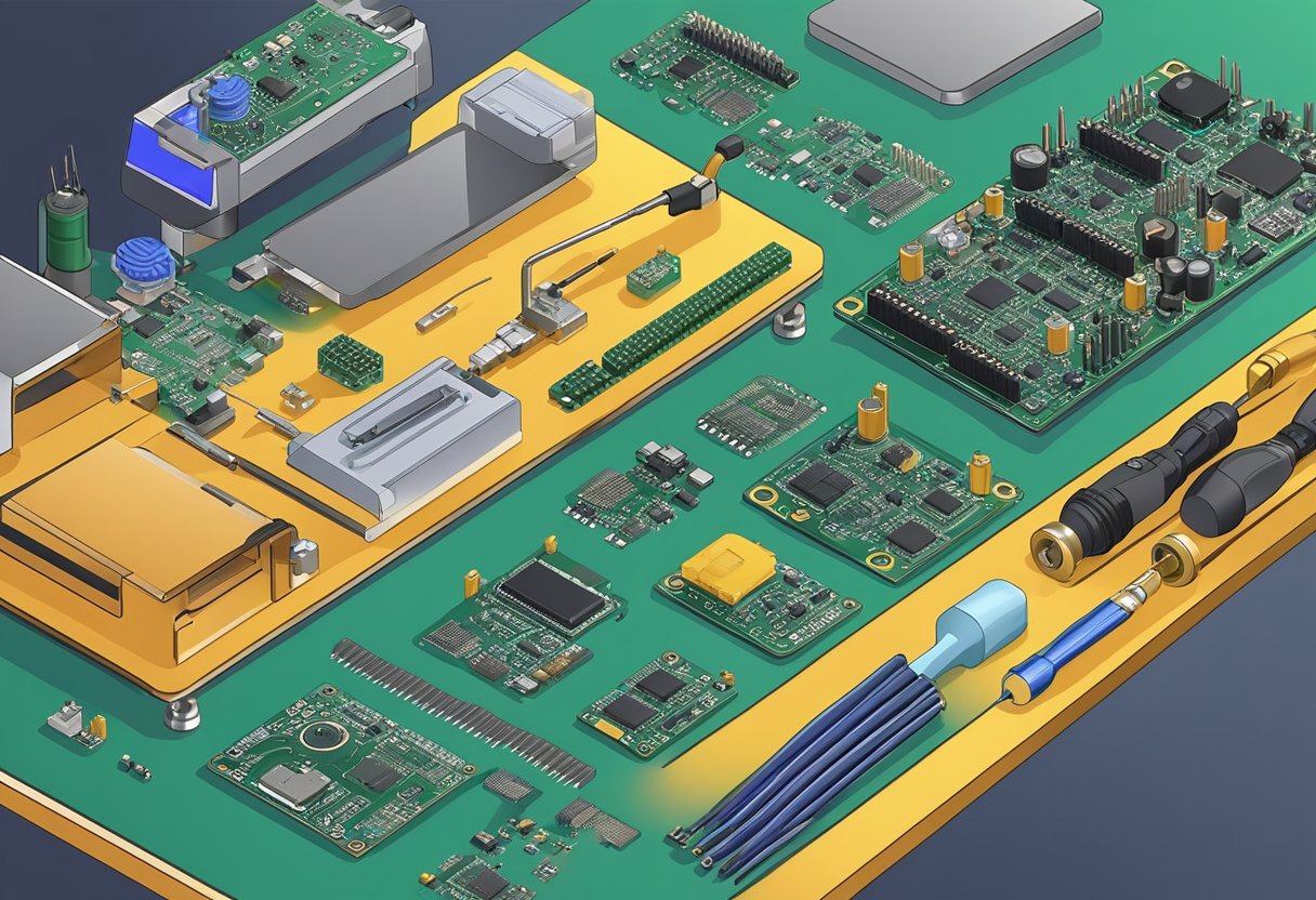 PCB components arranged on a workbench, soldering iron heating up, circuit board being carefully placed into position