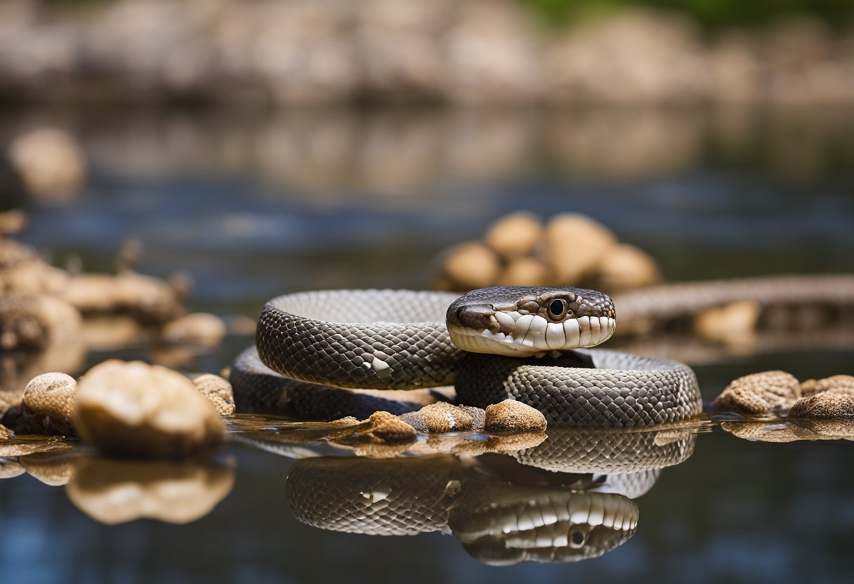 A rattlesnake strikes at a fish in the water, while another rattlesnake coils defensively nearby
