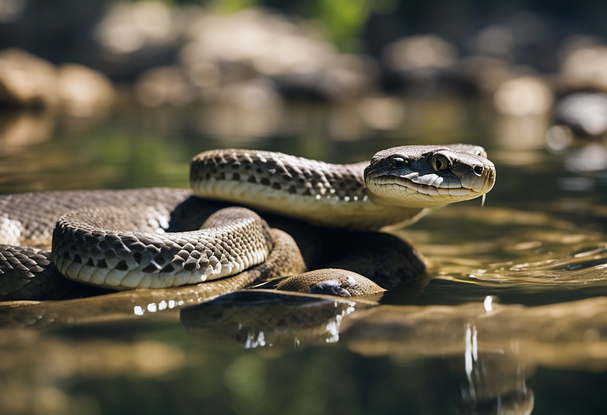 Rattlesnakes swim in a shallow, rocky stream, their sleek bodies gliding effortlessly through the water. The sun shines down, casting dappled shadows on the surface as they move gracefully