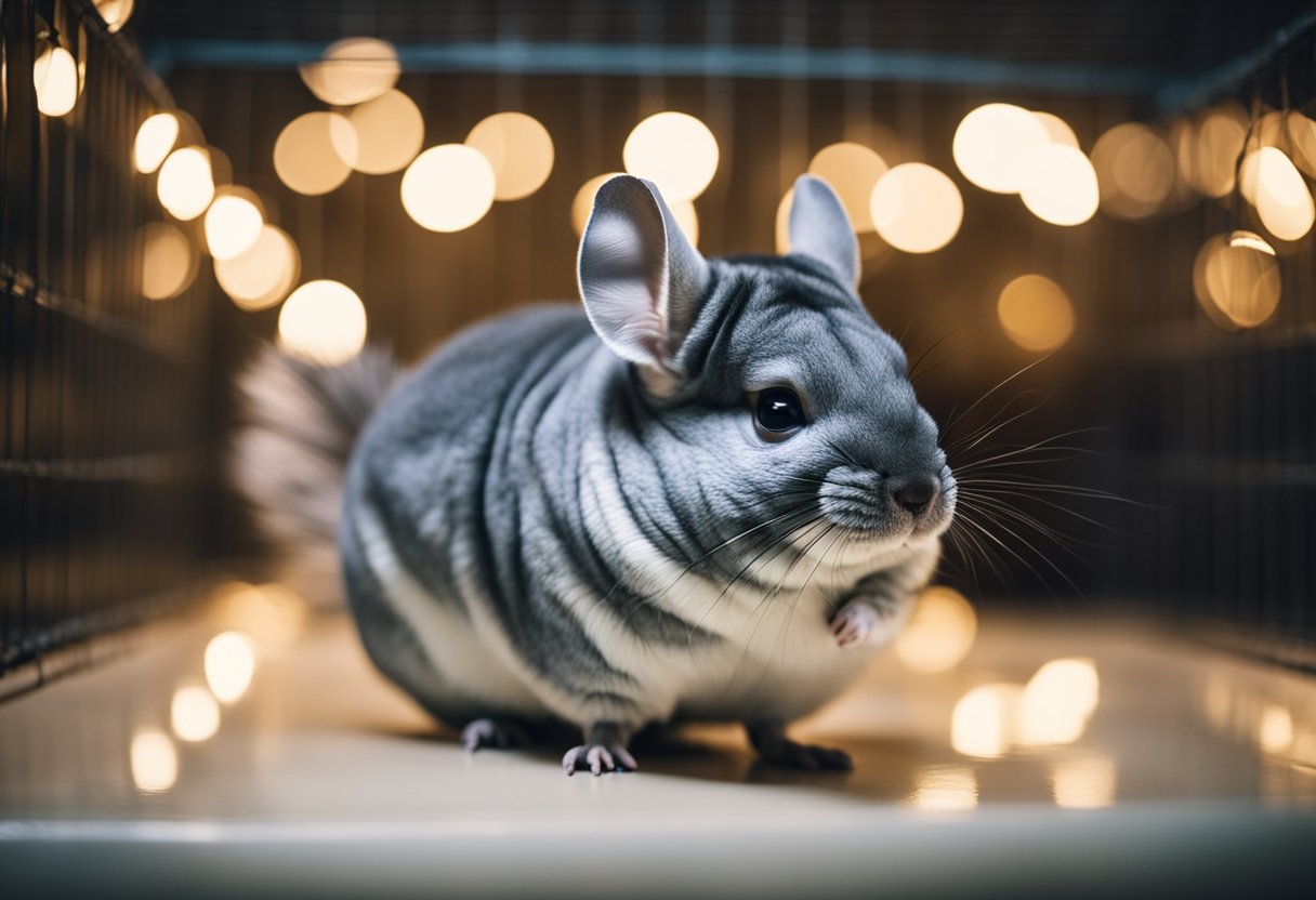 A chinchilla emits high-pitched chirps and soft squeaks while grooming its fur in a cozy, dimly lit cage