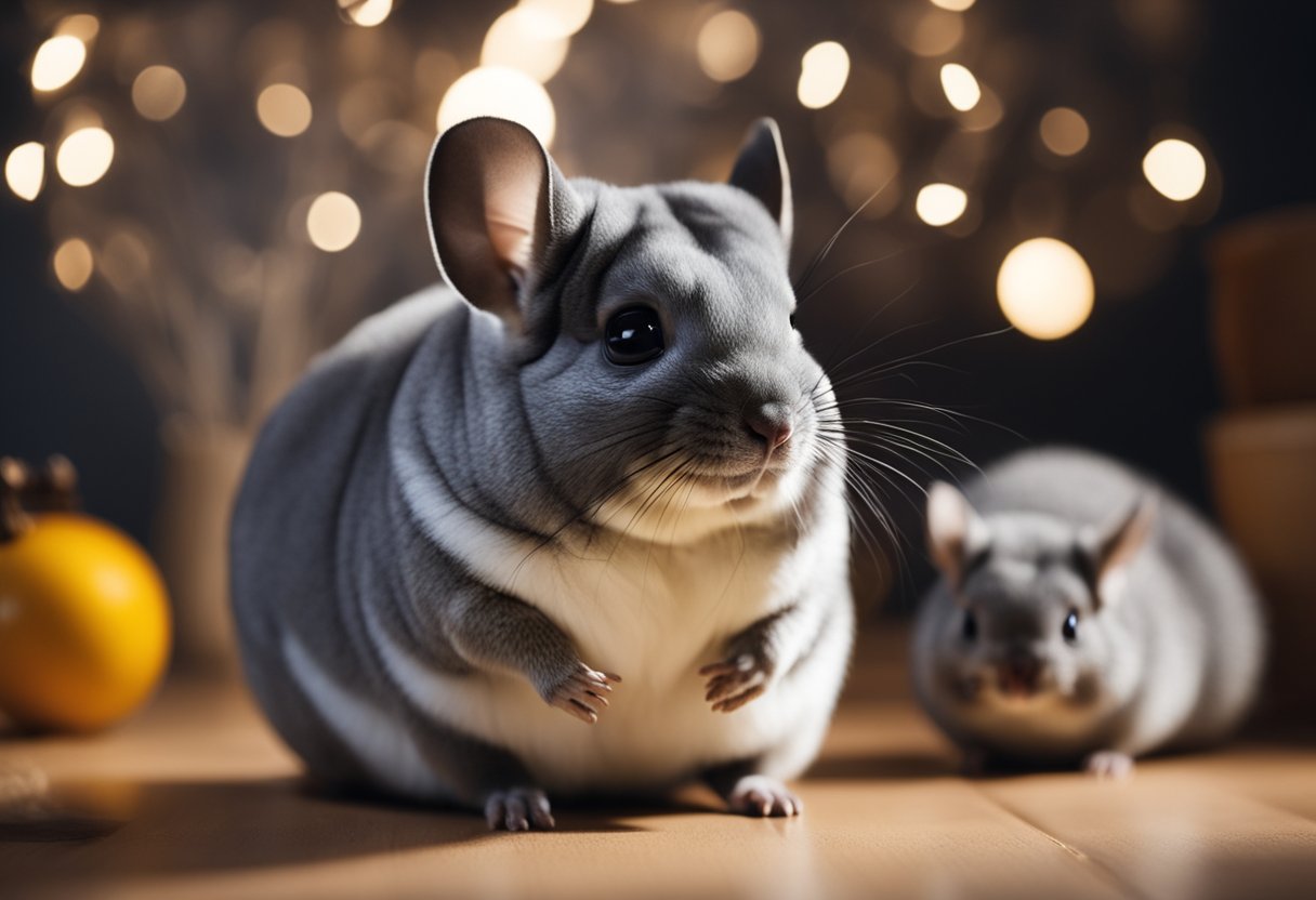 Chinchillas making sounds in a quiet, dimly lit room with various objects to interact with