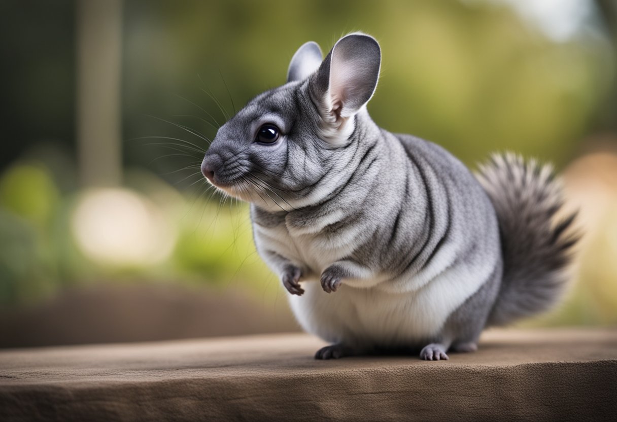 A chinchilla sits alert, ears perked, emitting soft chirps and squeaks. Its fur is fluffy and gray, with a curious glint in its eyes