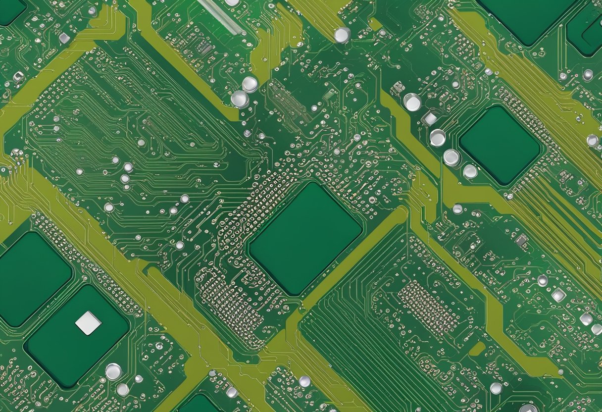 Circuit components arranged on a green PCB, with solder pads and traces connecting them