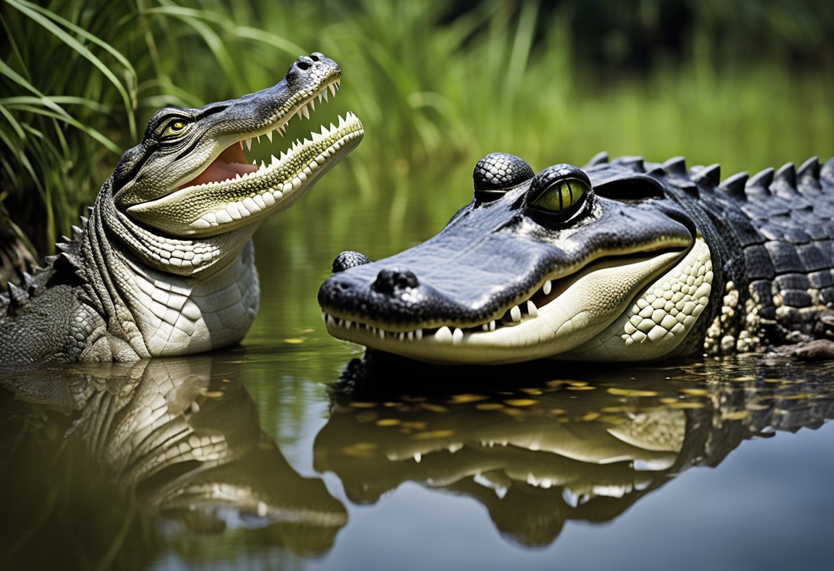Crocs and alligators face off in a swamp, showcasing their size difference