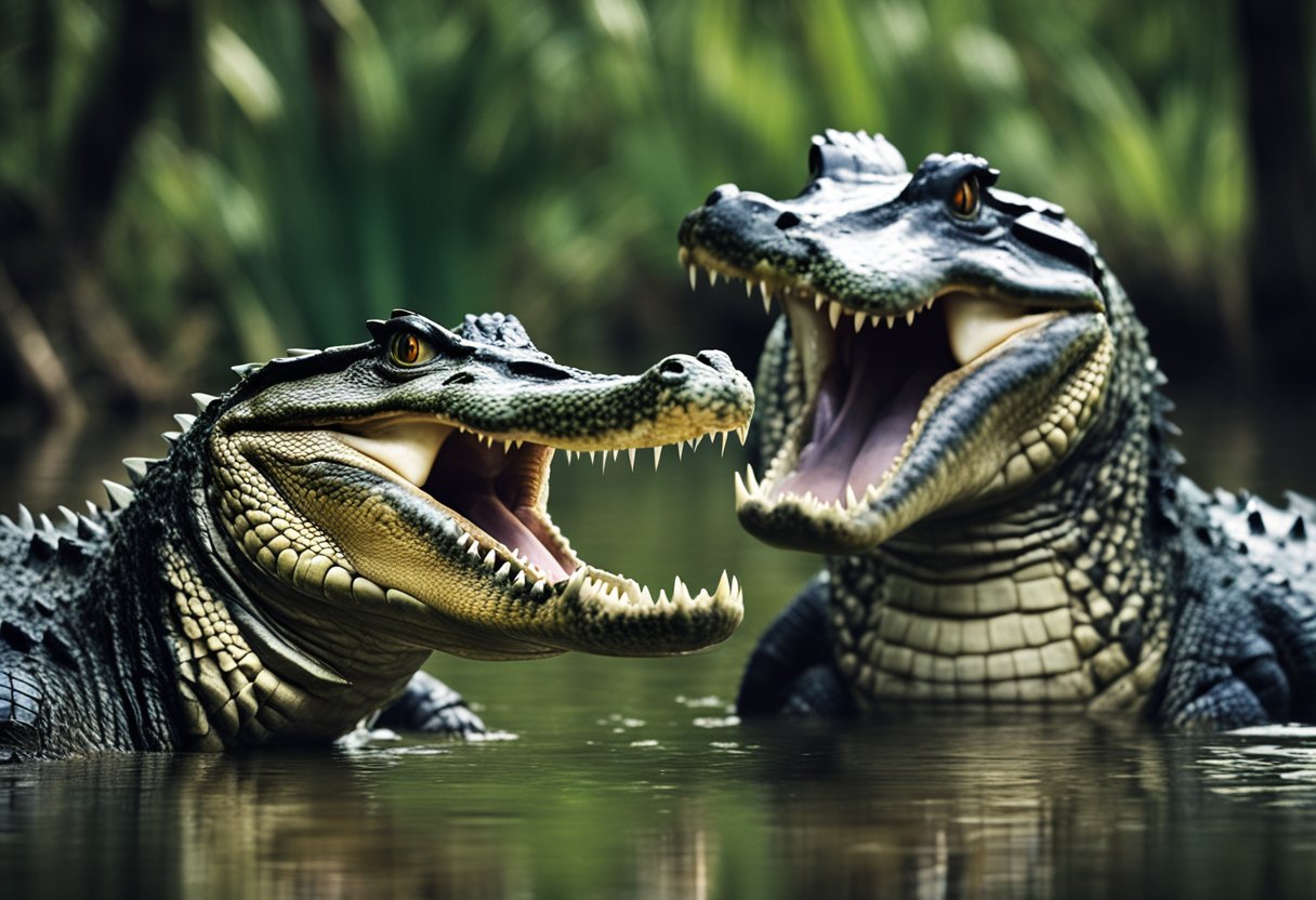 Two massive crocodiles face off against equally large alligators in a swamp, showcasing their impressive size and strength