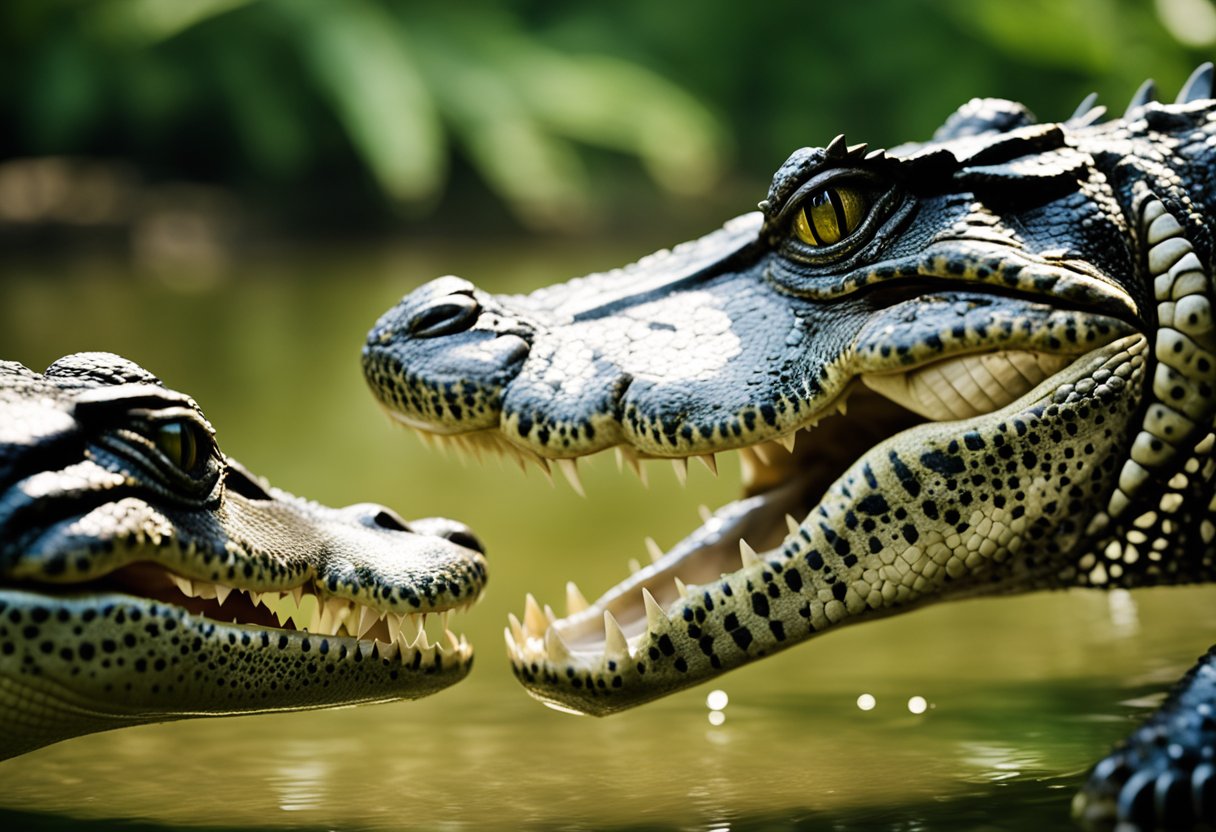 A crocodile and an alligator face each other, showcasing their size difference