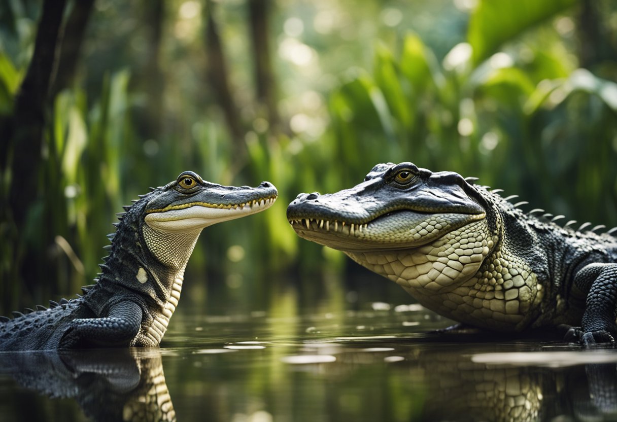 Two reptiles face off in a swamp, showcasing the size difference between a crocodile and an alligator