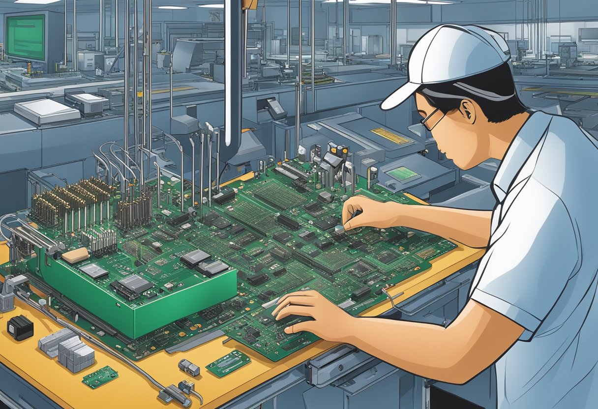 A technician carefully places electronic components onto a printed circuit board at a Maryland assembly facility