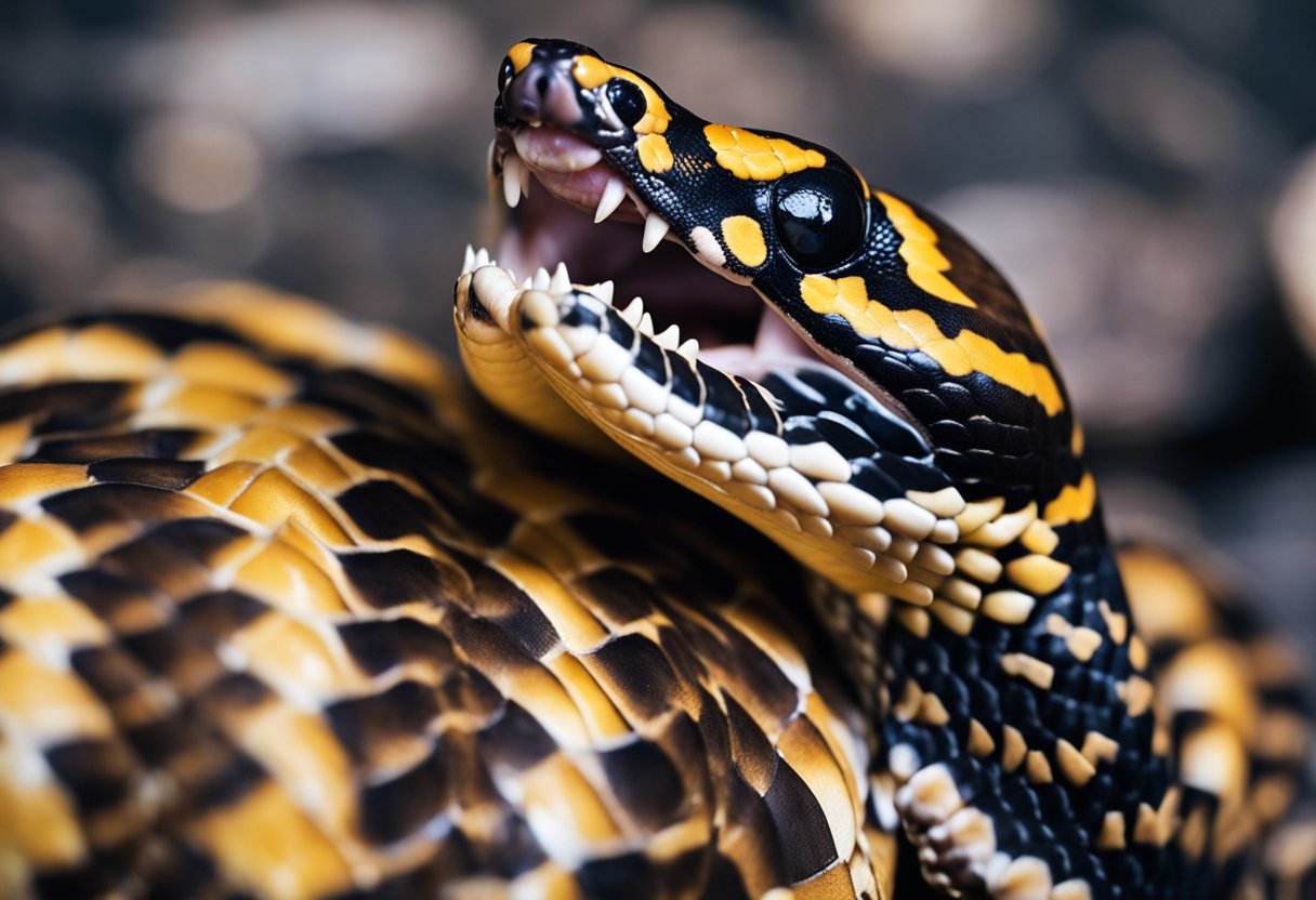 A ball python bares its teeth, showing small, curved fangs