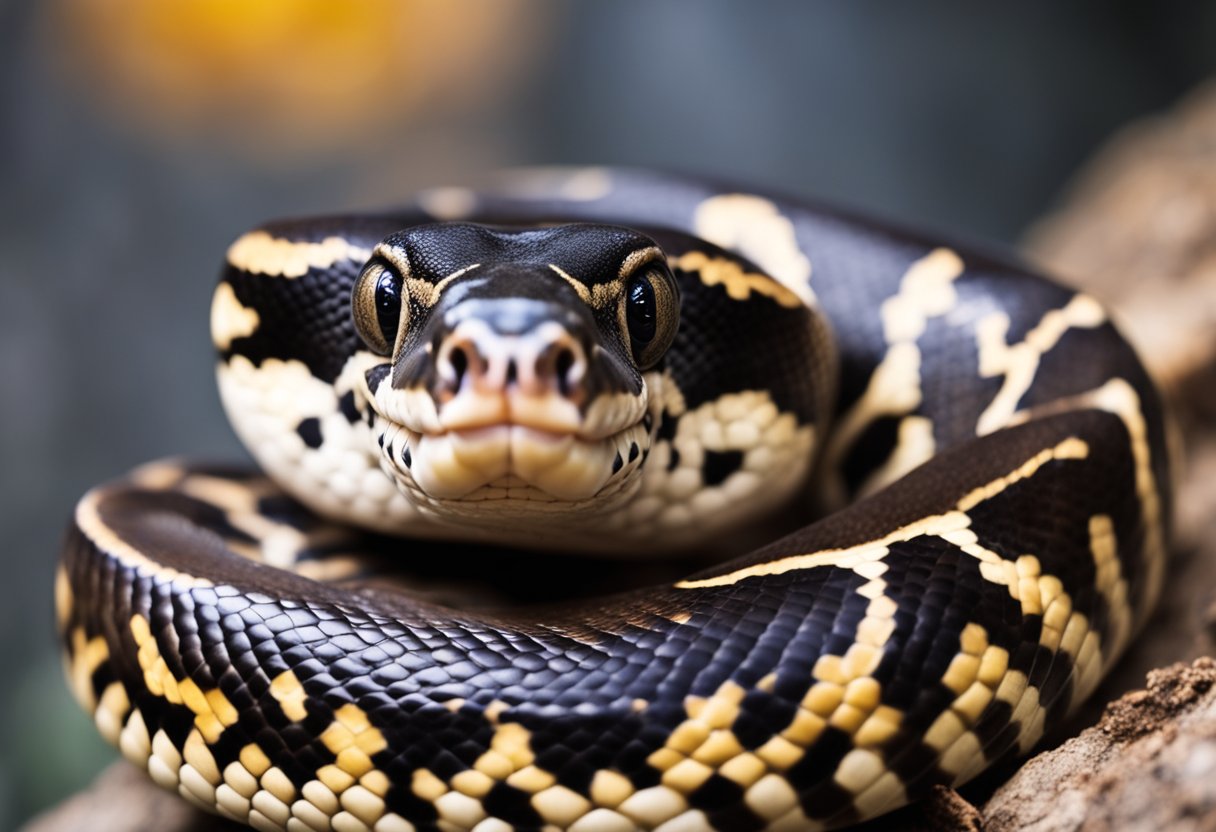 A ball python with its mouth open, displaying its rows of small, sharp teeth