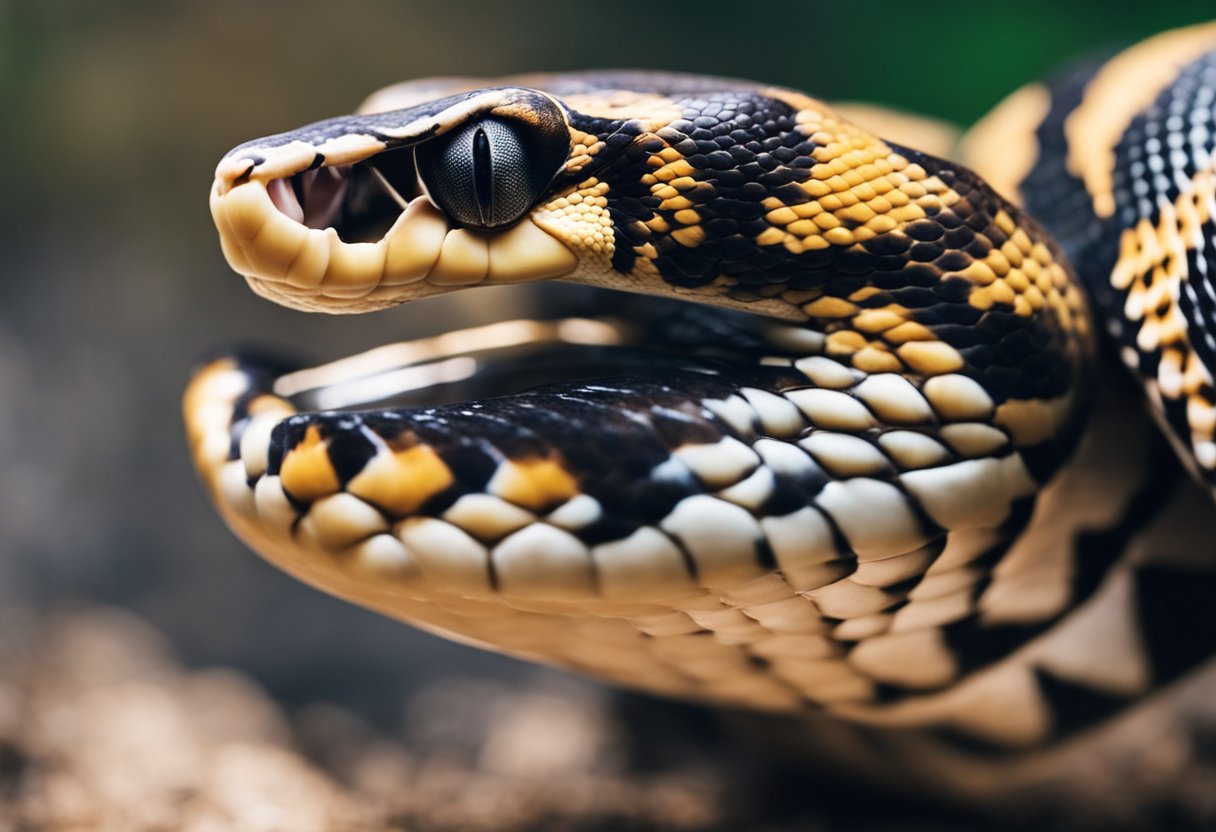 A ball python strikes at prey with its teeth, constricting and swallowing it whole