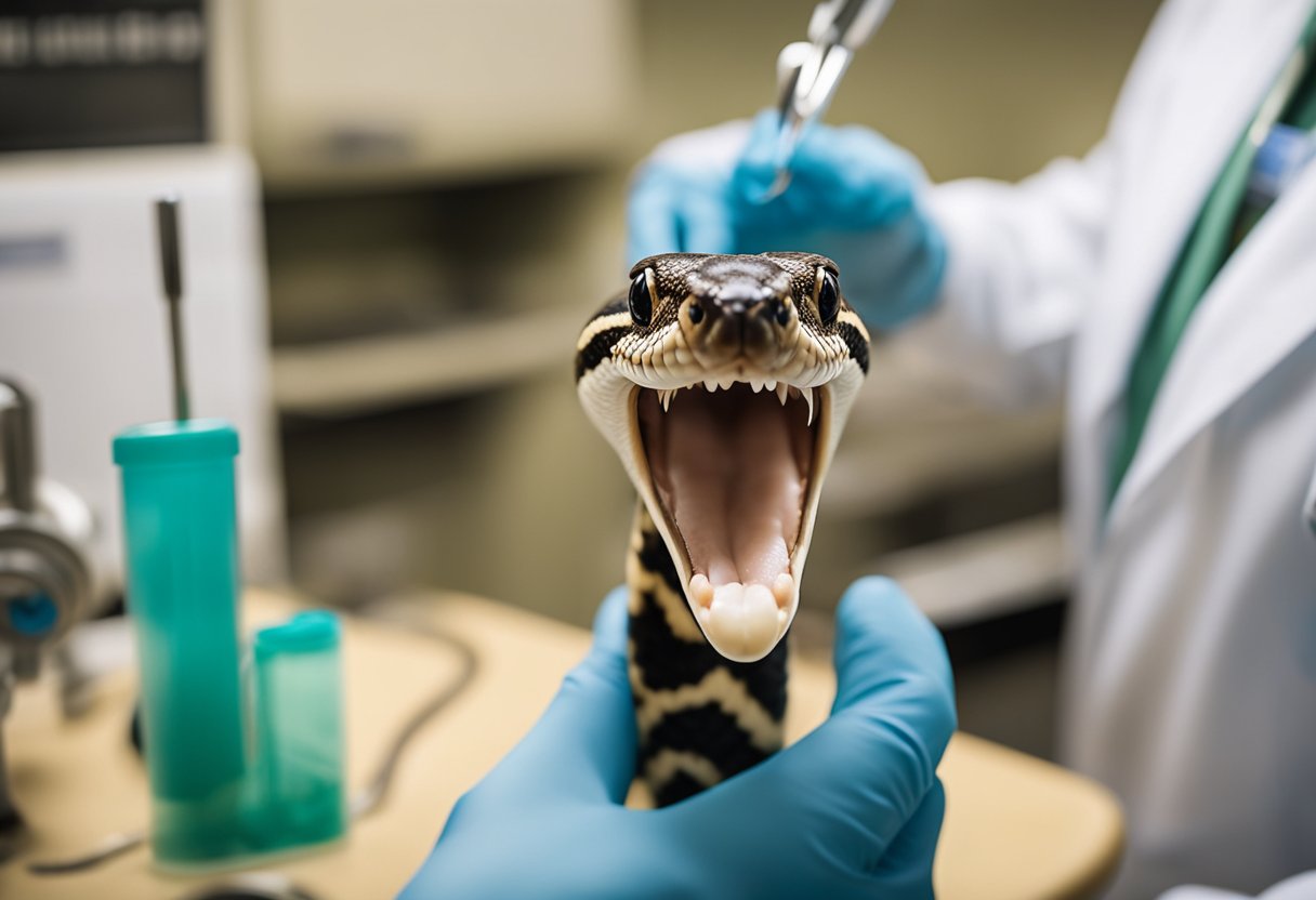 A ball python coils around a dental tool, while a vet examines its teeth