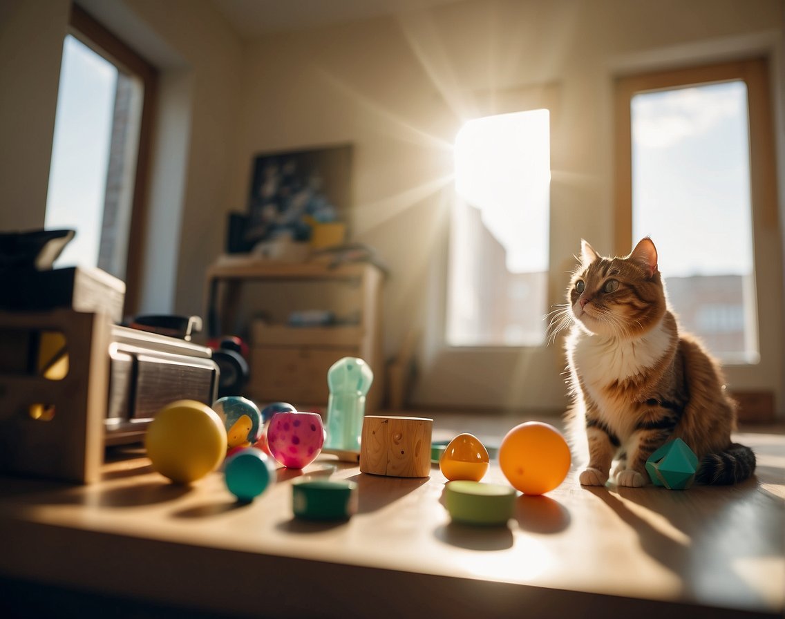 A cat playing with various toys and objects in a room with plenty of sunlight coming in through the windows