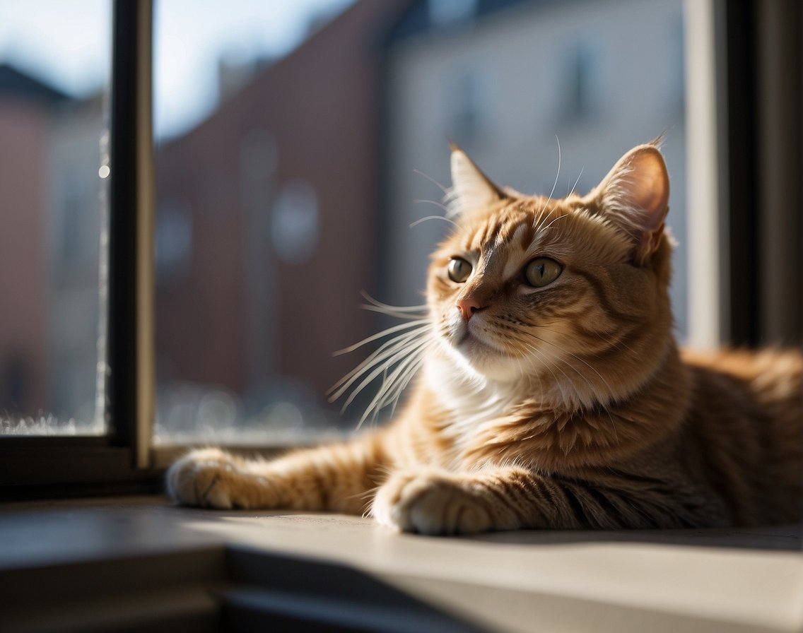 A cat lounges on a window sill, staring out at the street. Toys and scratching posts sit untouched in the corner