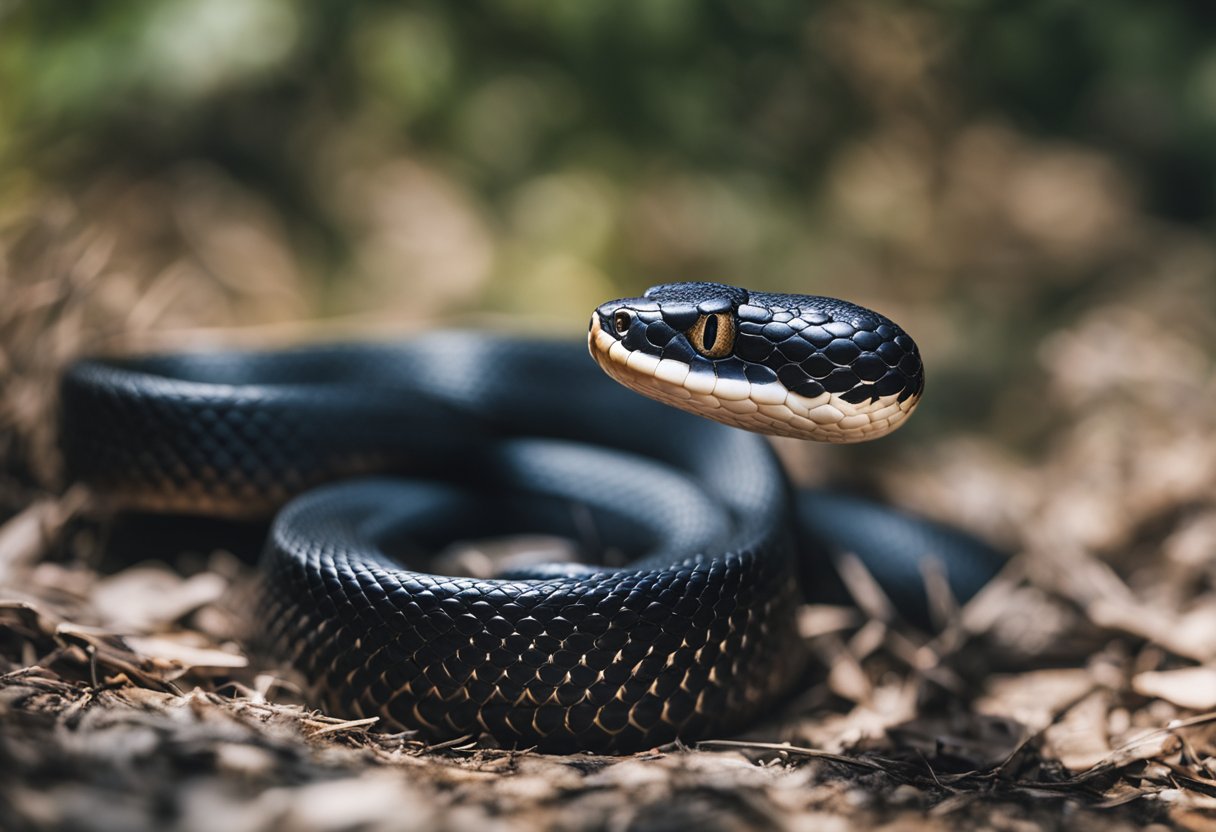 A black snake coils around a copperhead, swallowing it whole
