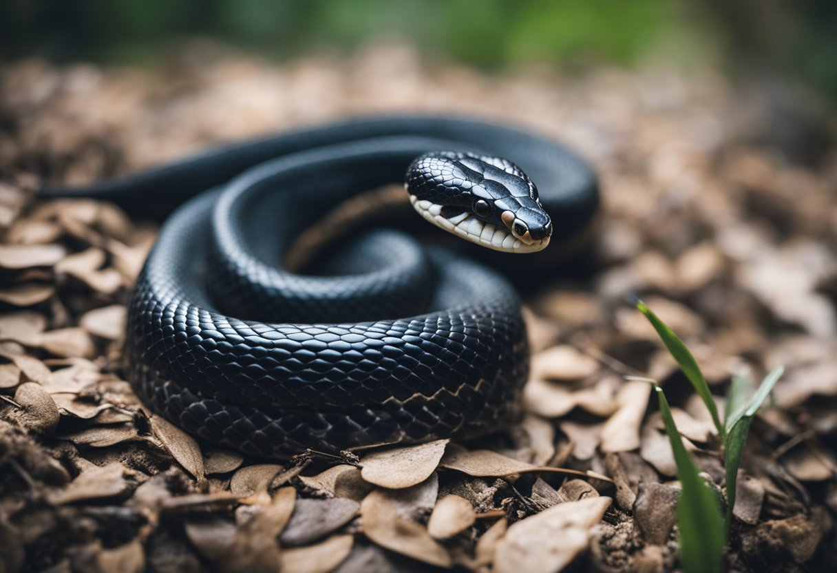 A black snake slithers stealthily towards a copperhead, ready to strike and devour its prey
