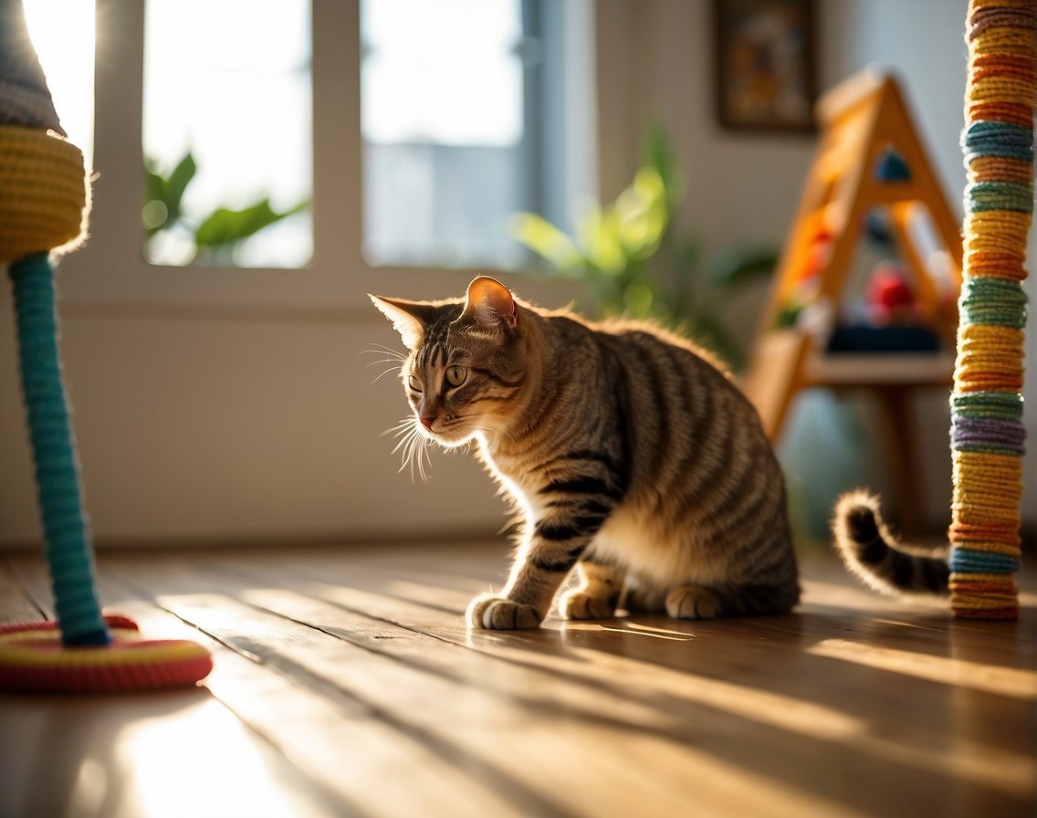 A cat playing with various toys in a room with climbing structures, scratching posts, and hiding spots. Sunlight streams in through a window, casting warm patches on the floor