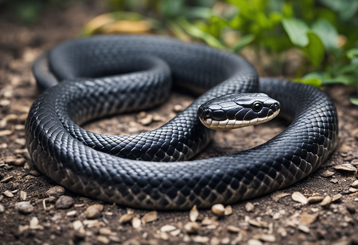 A black snake coils around a copperhead, jaws open
