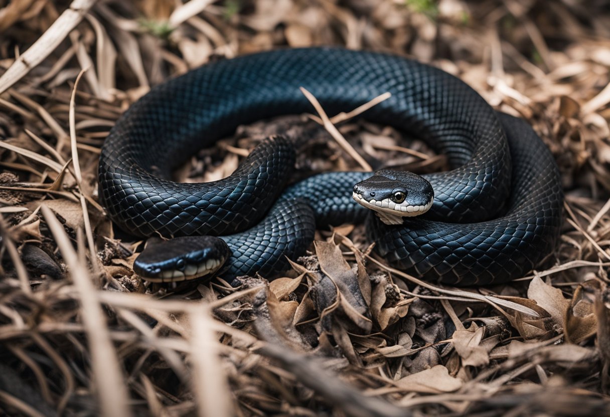 A black snake coils around a copperhead, its jaws clamping down on the venomous snake, illustrating the impact on the ecosystem