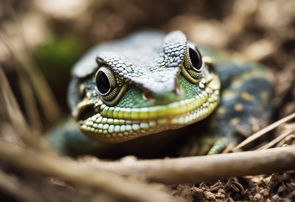 A lizard curls up inside a burrow, its eyes closing as it enters a state of hibernation