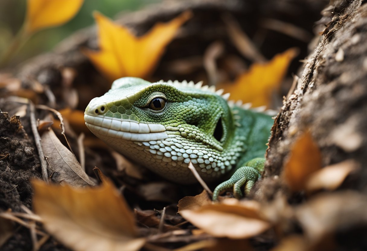 A lizard curled up in a cozy burrow, surrounded by fallen leaves and twigs, with its eyes closed and its body still
