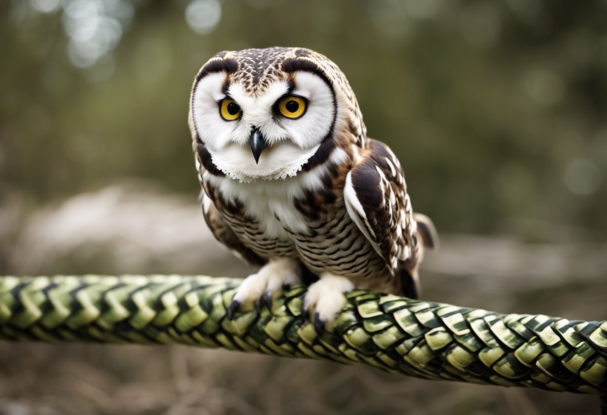 An owl swoops down on a coiled snake, its talons gripping the serpent's body as it prepares to deliver a fatal strike