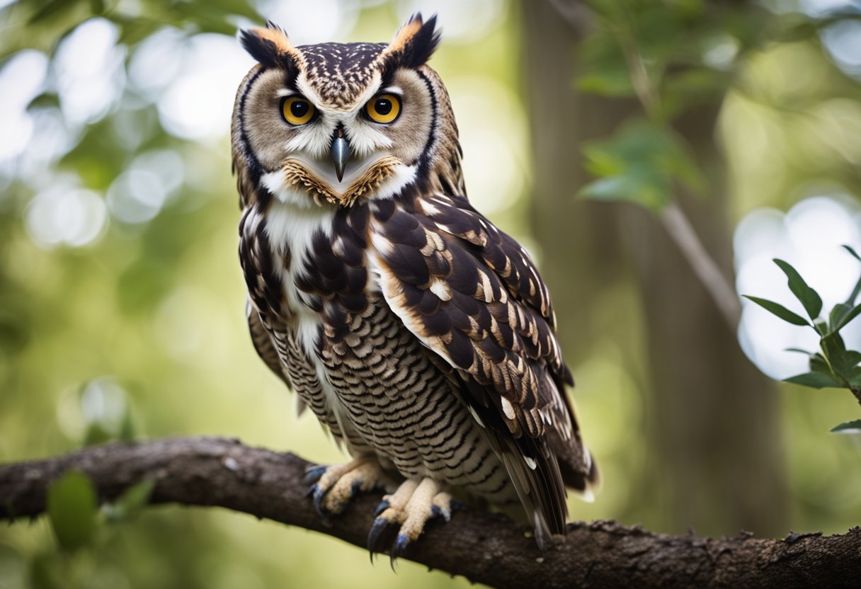 An owl perched on a tree branch, swallowing a snake whole