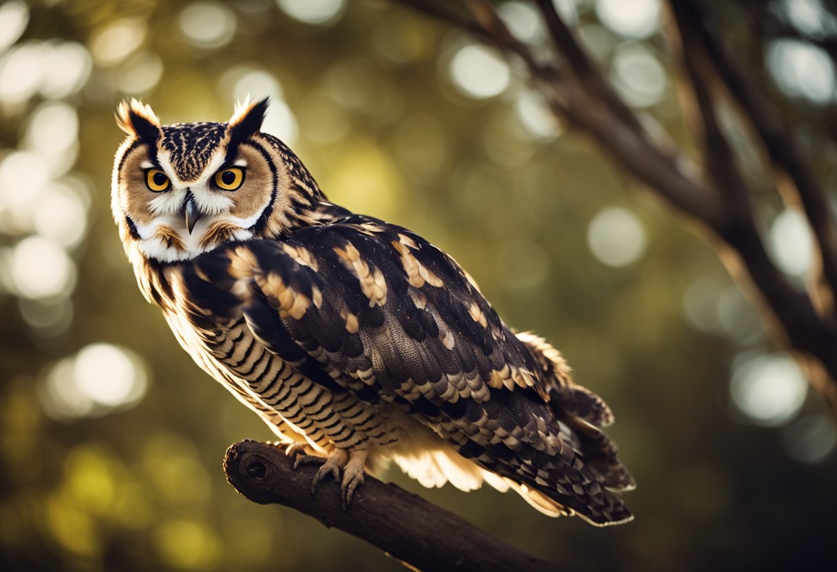 An owl perches on a tree branch, watching a snake slither on the ground below. The owl swoops down, catching the snake in its talons
