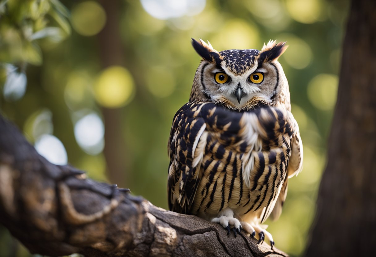 An owl perches on a tree branch, its sharp eyes fixed on a slithering snake below. The owl swoops down and captures the snake in its talons