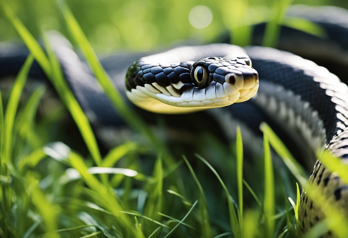 A snake, with its eyes wide open, slithers through the grass