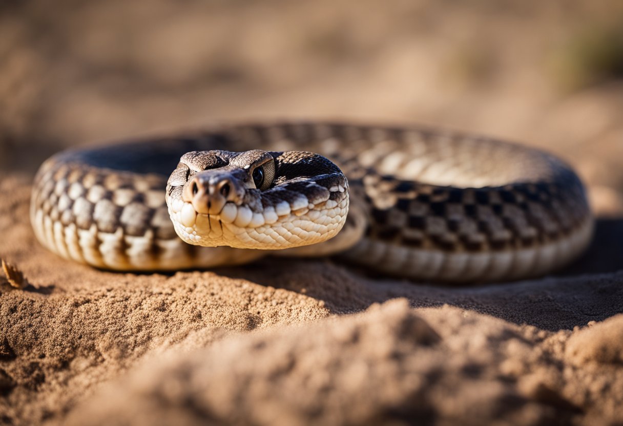 A coiled rattlesnake poised to strike in a desert setting