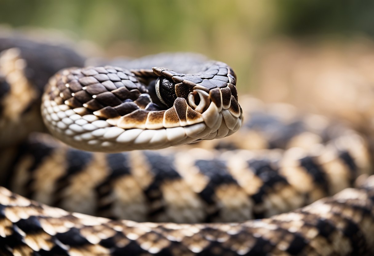 A rattlesnake coils, ready to strike, its scales glistening in the sunlight as it flicks its forked tongue