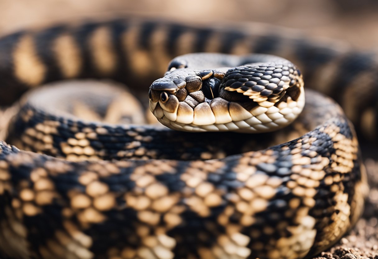 A coiled rattlesnake with forked tongue, scales, and rattle