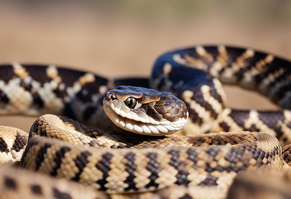 A rattlesnake coils its body, tongue flicking, eyes focused