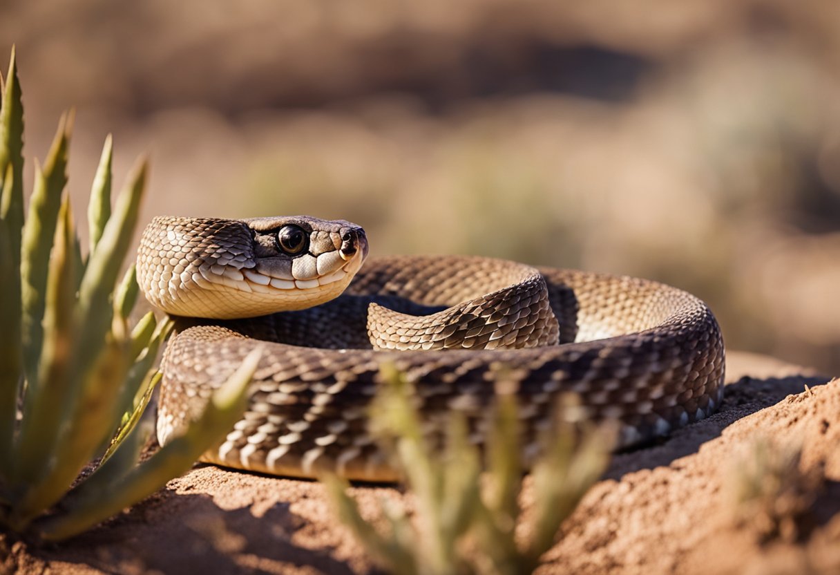 A coiled rattlesnake with diamond-shaped scales and a distinctive rattler on its tail, blending into its desert surroundings