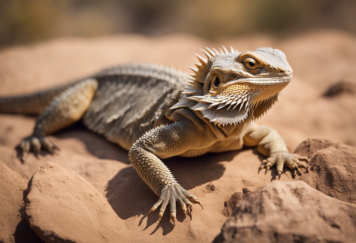 A large bearded dragon, with a plump body and a thick, full beard, basking on a warm rock in a desert habitat