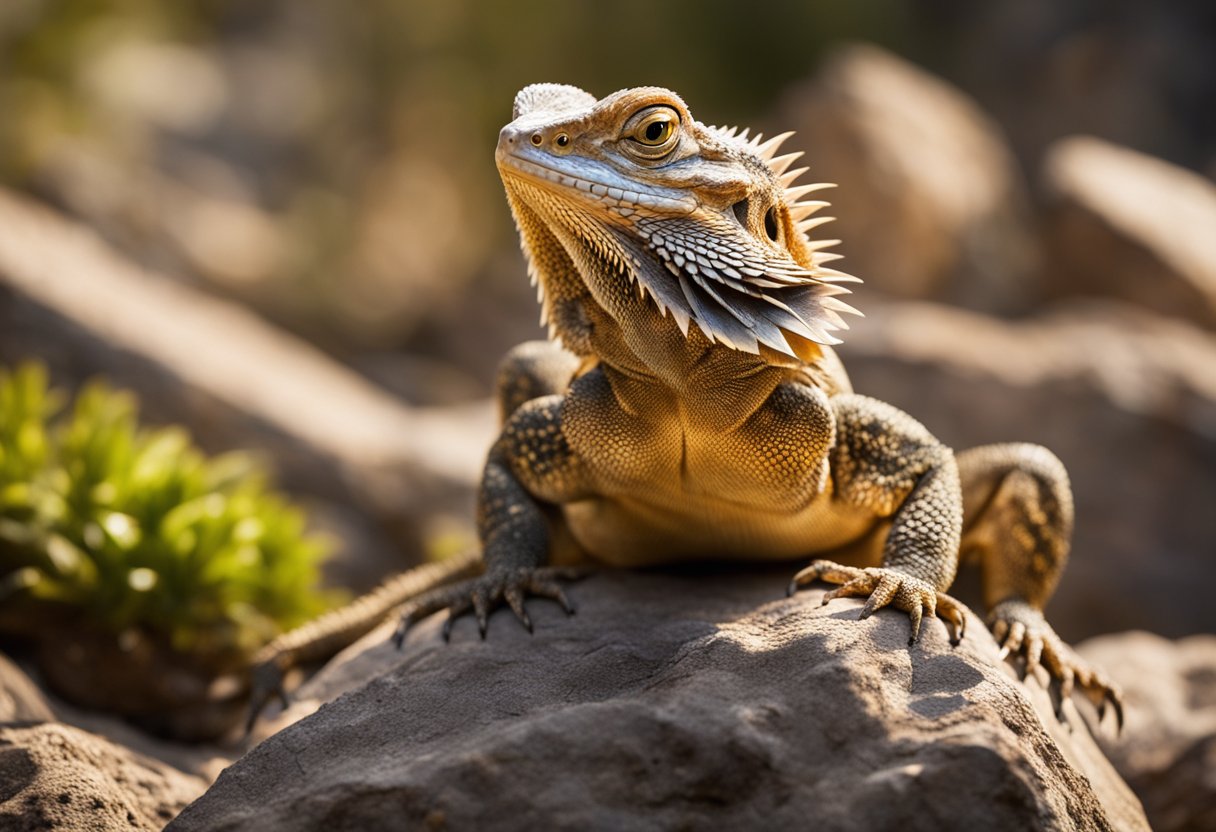 A large bearded dragon sits atop a pile of rocks, its stomach bulging from a recent meal. Its scales glisten in the sunlight, and it appears content and well-fed