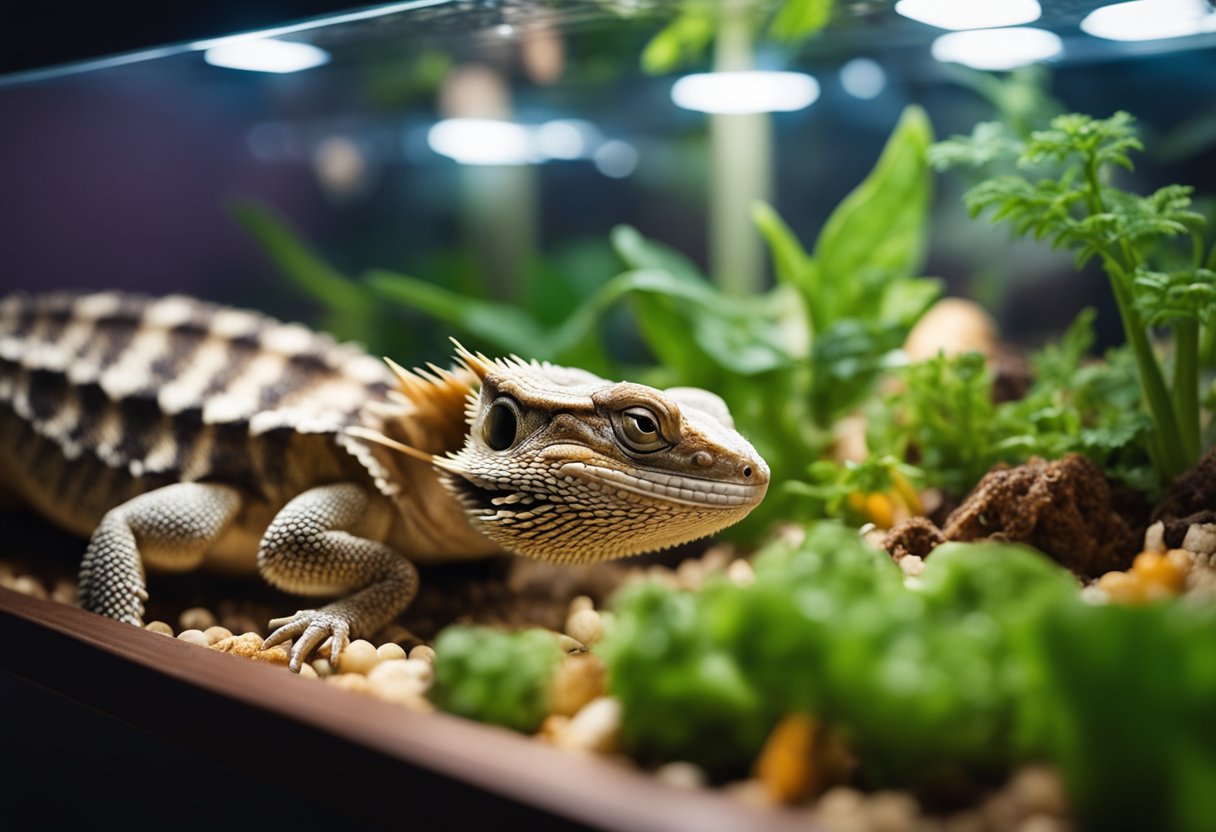 A plump bearded dragon basks under a heat lamp in a spacious terrarium, surrounded by a variety of live insects and fresh vegetables