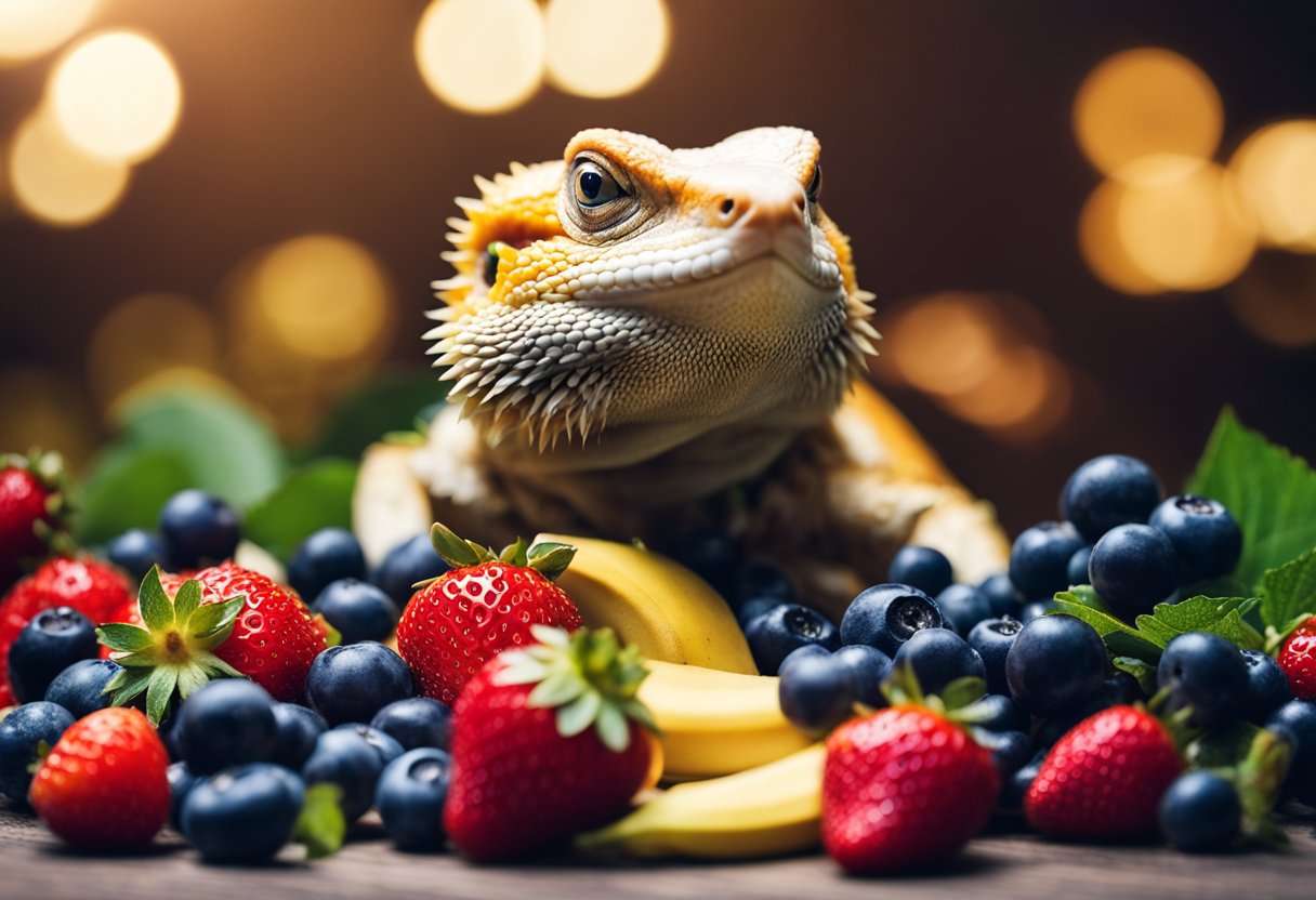 A variety of fruits scattered on a flat surface, including strawberries, bananas, and blueberries, with a bearded dragon eagerly reaching out to eat them
