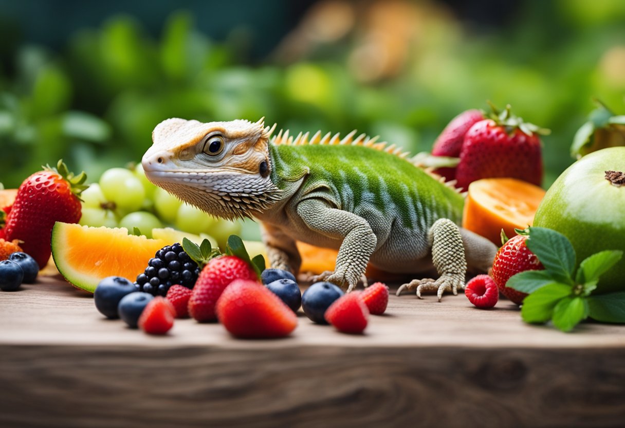 A variety of colorful fruits scattered on a flat surface, including strawberries, blueberries, and chopped melon, with a bearded dragon eagerly reaching out to eat them