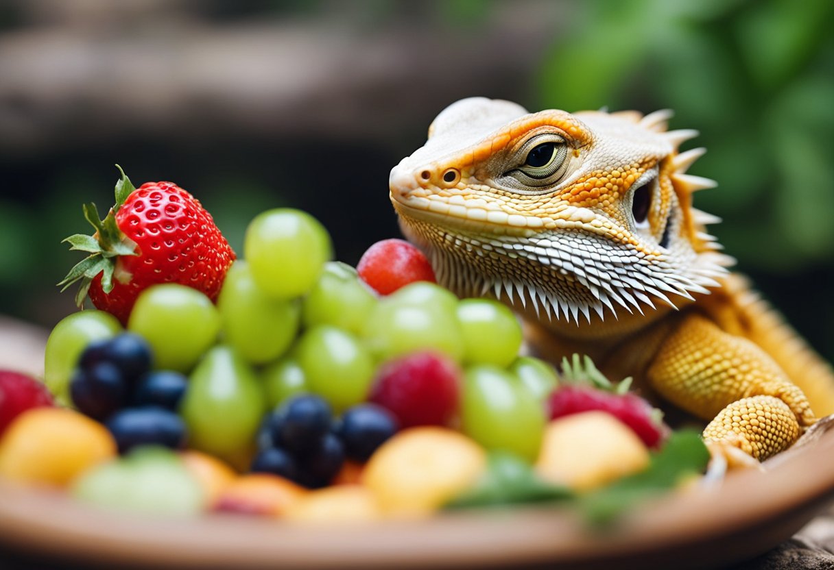 A bearded dragon is eating a variety of fruits in small portion sizes. The fruits are neatly arranged in a shallow dish, and the dragon is reaching out to grab a piece with its tongue