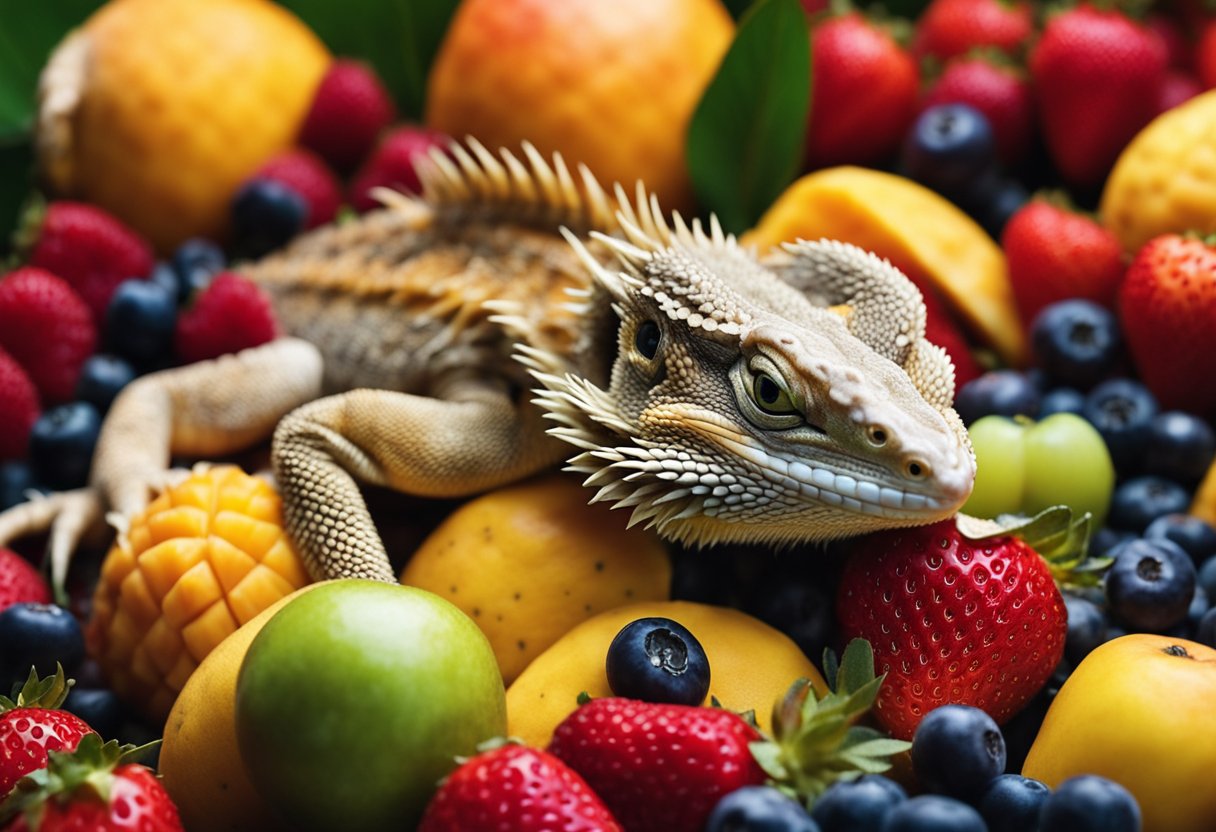 A bearded dragon surrounded by a variety of colorful fruits, such as strawberries, blueberries, and mangoes, with a vibrant and healthy appearance